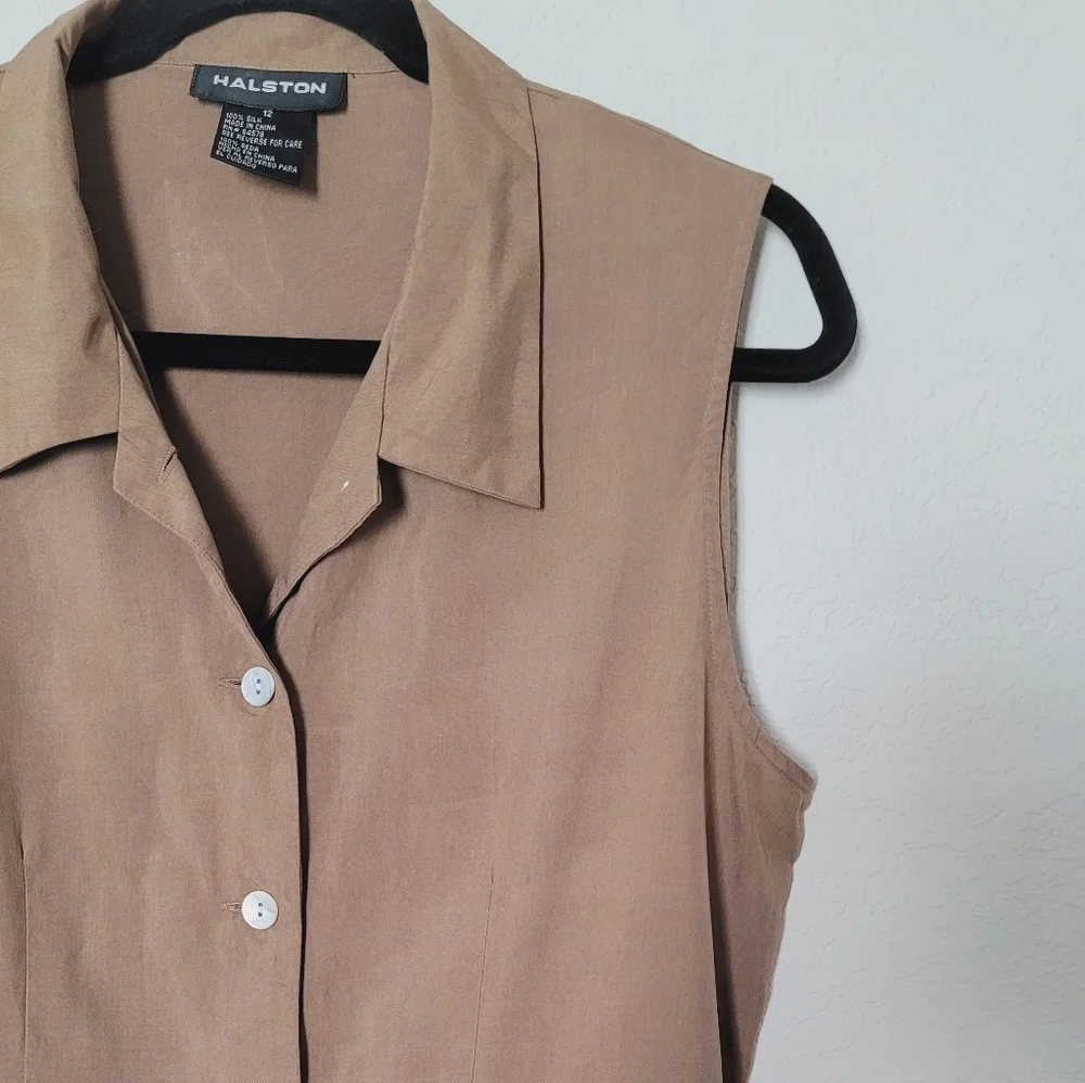 Vintage HASLTON Khaki Sleeveless Button-Down Dress Sz 12 - Picture 6 of 13